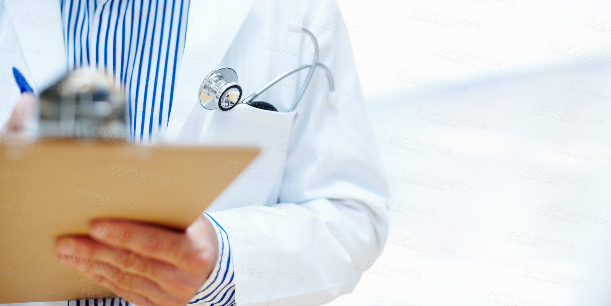 Buy stock photo Clipboard, hands and man doctor at hospital for planning, schedule or surgery checklist closeup. Healthcare, compliance and male surgeon zoom with admin for insurance, documents or results analysis