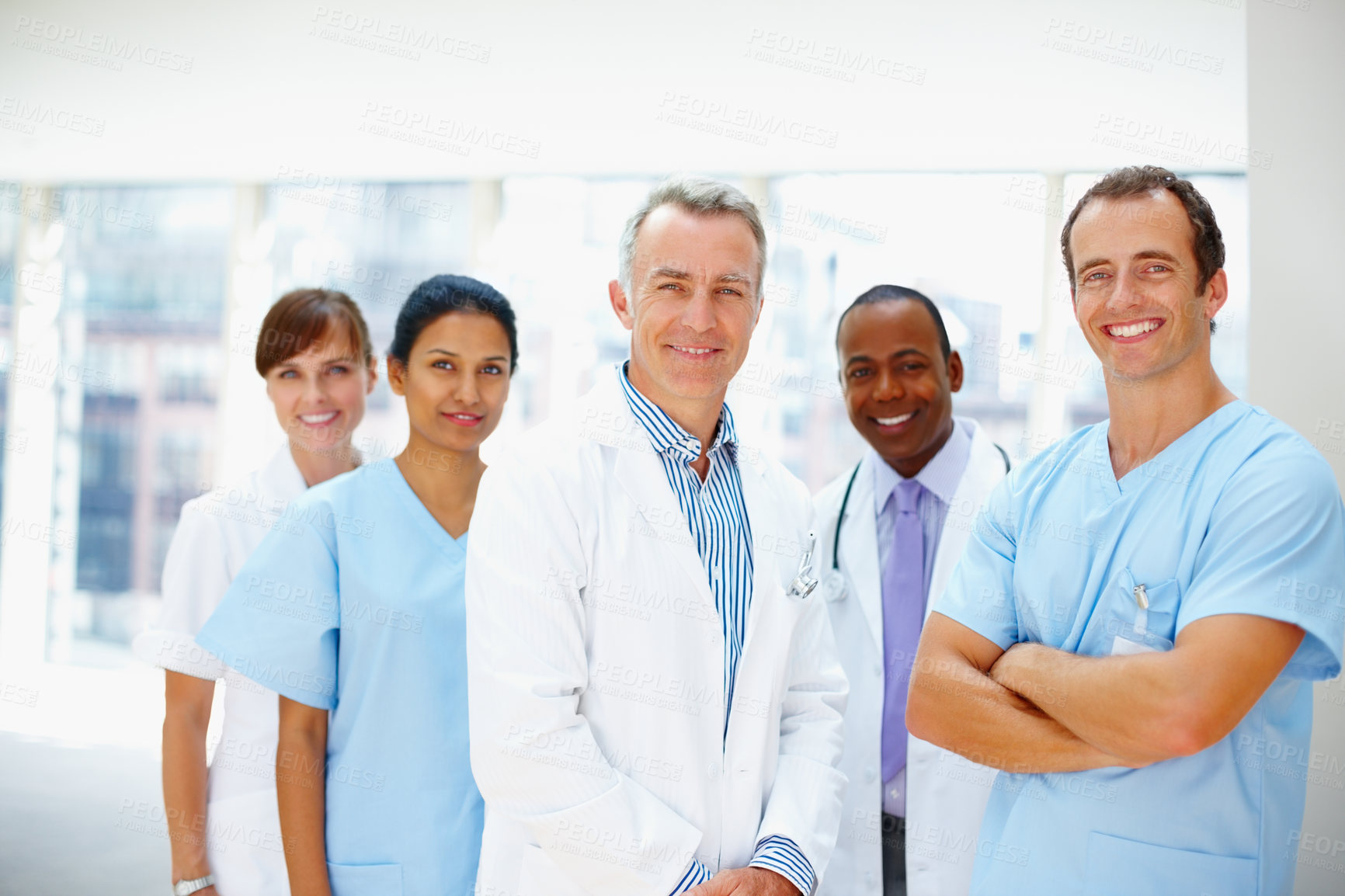 Buy stock photo Portrait, cooperation and doctor with healthcare, nurse and career with happiness, clinic and about us. Face, people and group with medical, professional and diversity in hospital, smile and teamwork