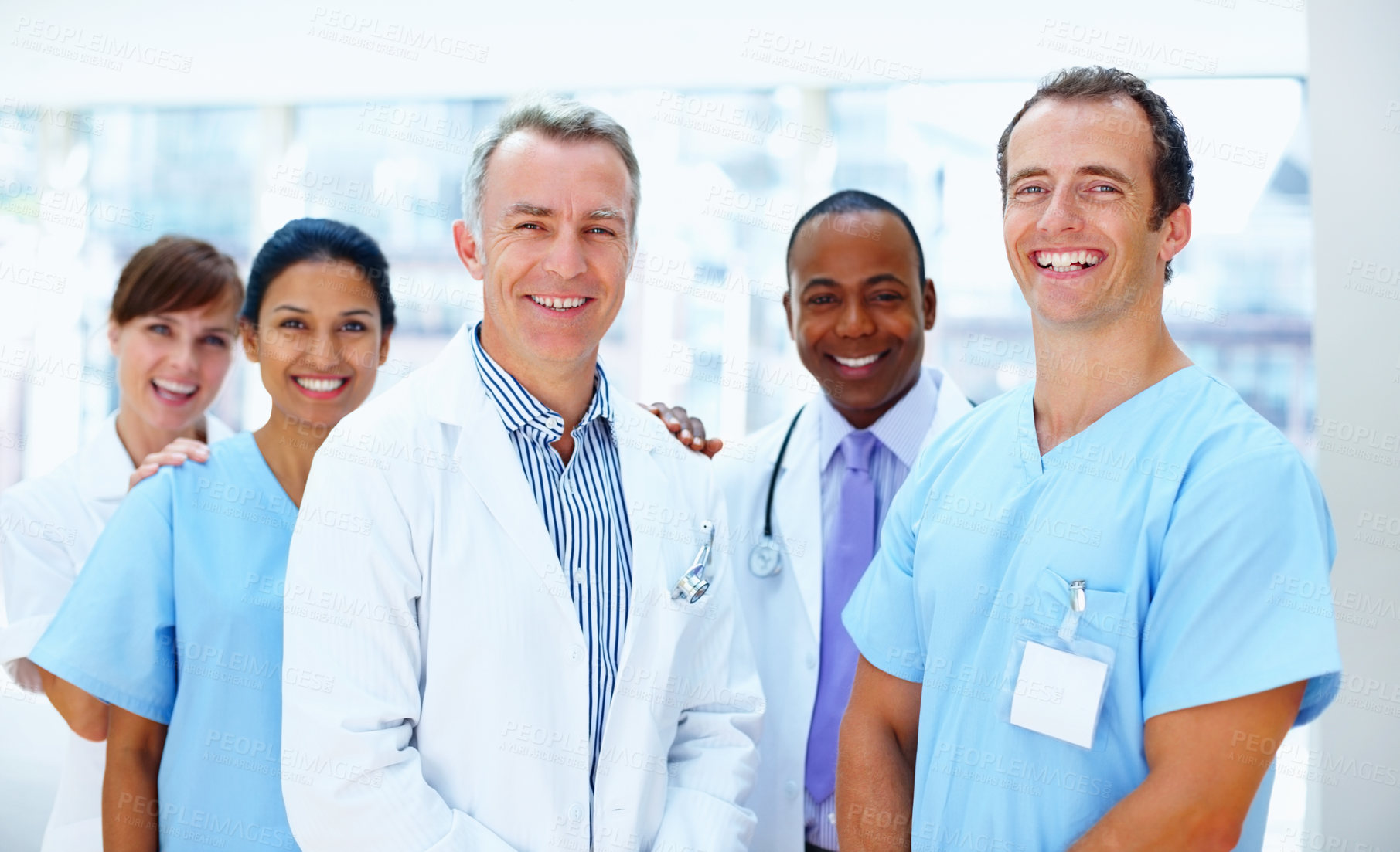 Buy stock photo Portrait, teamwork and doctor with healthcare, nurse and diversity with trust, clinic and medicare. Face, people and group with medical, professional and about us in a hospital, smile and wellness