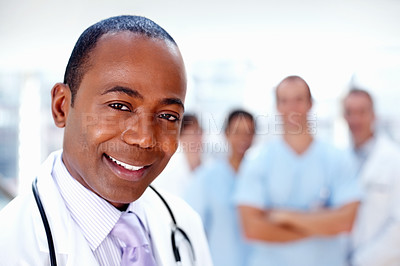 Buy stock photo Doctor, black man and portrait of about us with medical, healthcare and clinic staff in a hospital. Teamwork, job and confidence of a medicine expert and surgeon with professional nursing team 