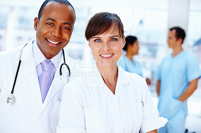 Buy stock photo Portrait, collaboration or doctor with healthcare, nurse or medicine with trust, about us or medicare. Face, people or group with medical, professional or smile in a hospital, cooperation or wellness