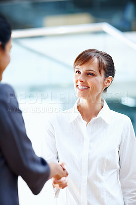 Buy stock photo Business woman, shaking hands and meeting for job interview, Human Resources introduction or hello. Professional people and clients handshake for recruitment success, career onboarding or opportunity