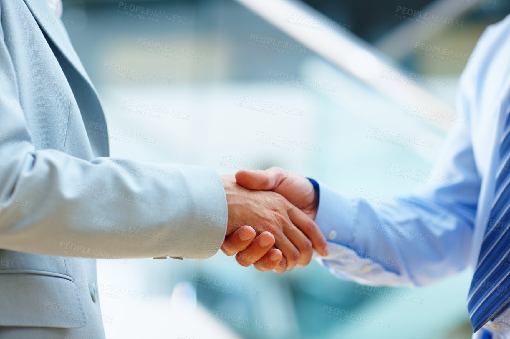 Buy stock photo Business people, shaking hands and welcome to meeting, partnership and introduction for deal at law firm in lobby. Closeup of corporate lawyer or clients handshake for success, support and consulting