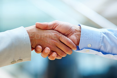 Buy stock photo Business people, shaking hands and job interview, Human Resources meeting or welcome for career introduction. Professional manager, employer or clients with handshake for recruitment and hiring deal