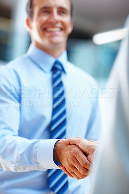 Buy stock photo Business man, handshake and welcome to job interview, Human Resources meeting or happy for career introduction. Professional people or clients shaking hands for recruitment, opportunity and hiring