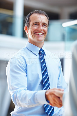 Buy stock photo Business man, handshake and meeting in partnership, introduction and legal deal, success or welcome to law firm. Happy corporate clients, people or lawyer shaking hands for hello, thank you or advice