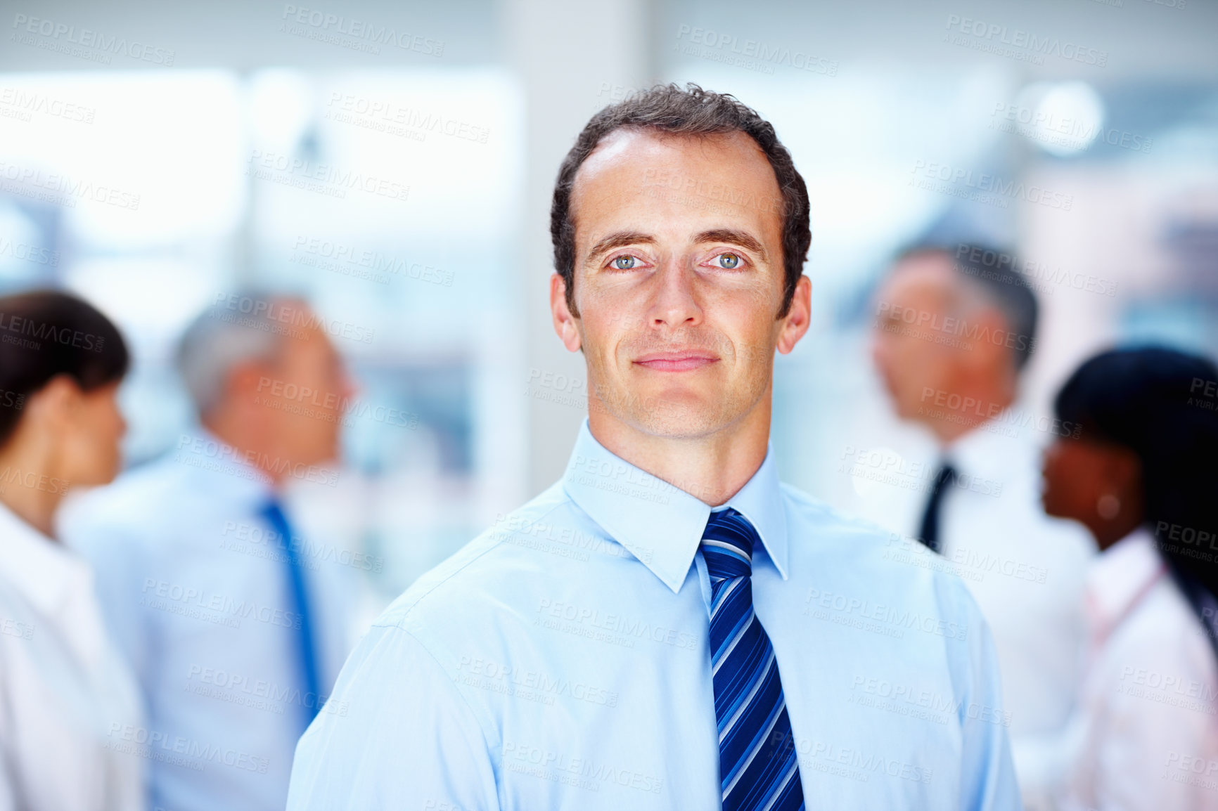 Buy stock photo Office, meeting and portrait of business man with team for conversation, leadership and planning. Corporate worker, company and face of worker for professional career, job and teamwork in workplace