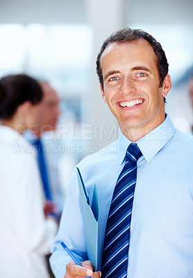 Buy stock photo Documents, team and portrait of business man for conversation, leadership and planning. Corporate worker, company and face of worker with report for meeting, feedback review and teamwork in office