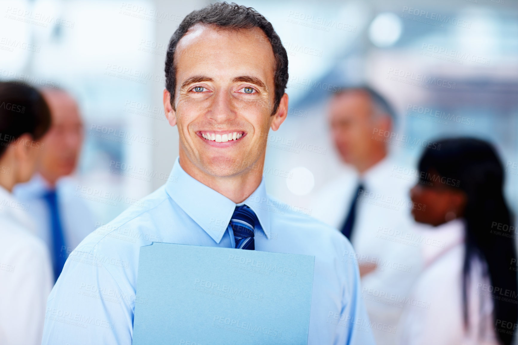 Buy stock photo Documents, meeting and portrait of business man with team for conversation, leadership and planning. Corporate worker, company and face of happy worker for professional career, job and work in office