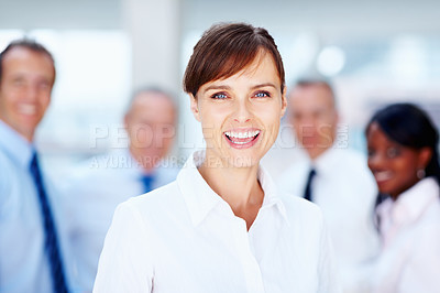 Buy stock photo Team, meeting and portrait of business woman in office for collaboration, leadership and planning. Corporate worker, company staff and face of happy employee for professional career, job and teamwork