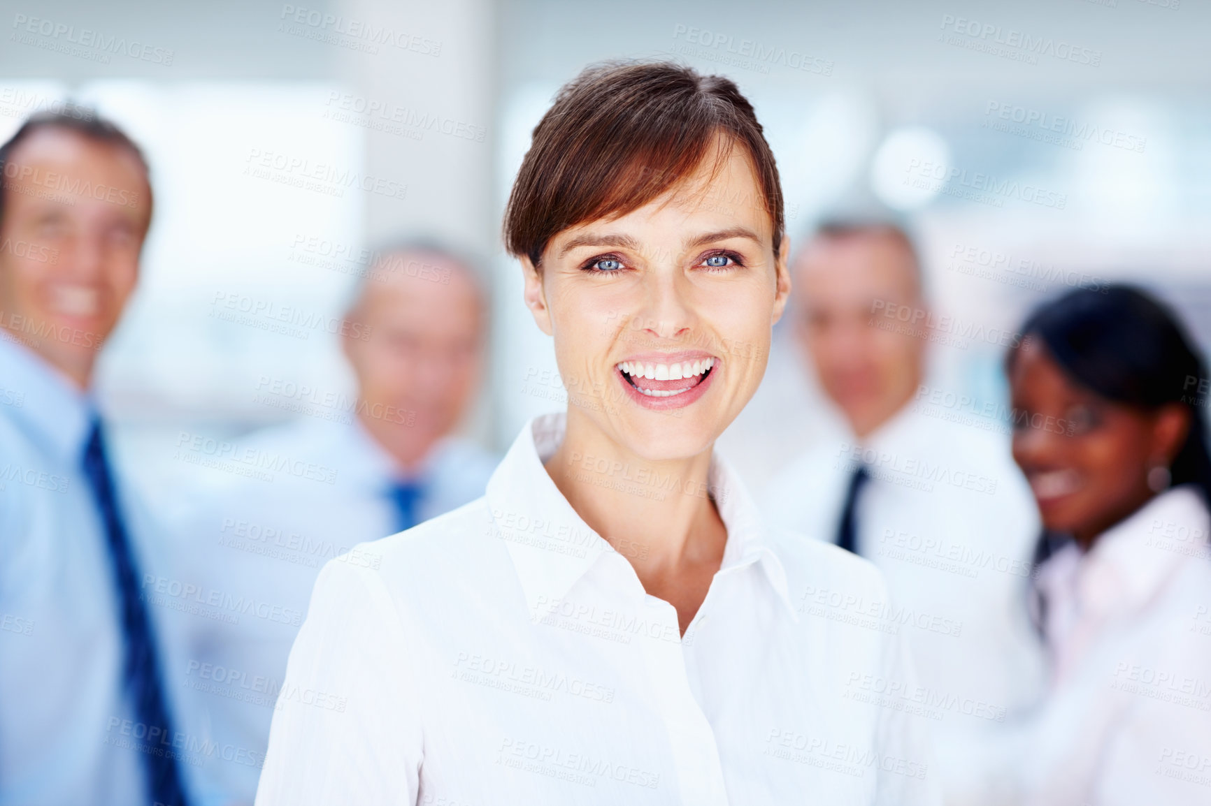 Buy stock photo Team, meeting and portrait of business woman in office for collaboration, leadership and planning. Corporate worker, company staff and face of happy employee for professional career, job and teamwork