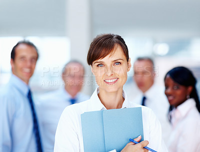 Buy stock photo Documents, team and portrait of business woman for collaboration, leadership  and planning. Corporate worker, company and face of happy employee with report for meeting, feedback review and teamwork