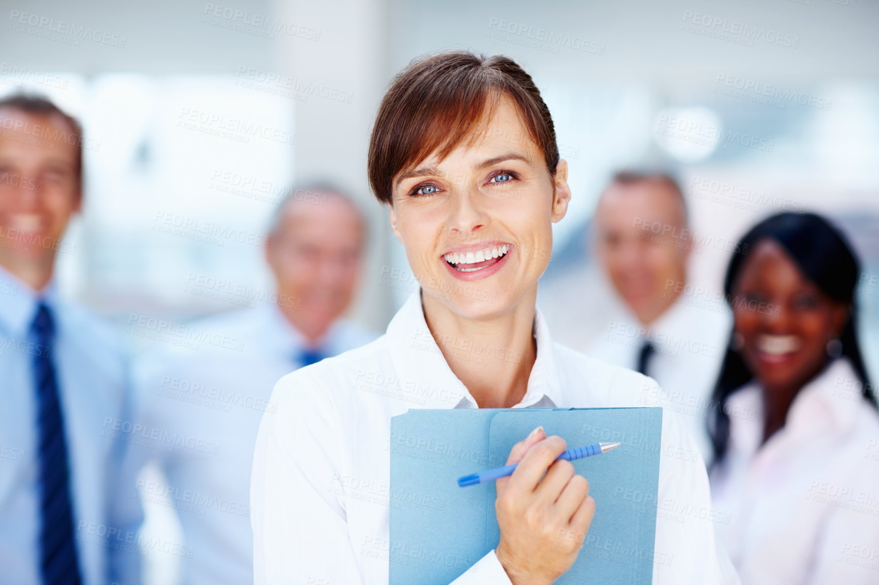 Buy stock photo Happy, meeting and portrait of business woman with team for collaboration, leadership and management. Corporate worker, company and face of manager for professional career, job and work in office