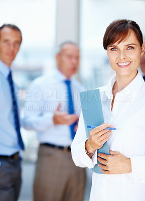 Buy stock photo Documents, meeting and portrait of business woman with team for collaboration, leadership and management. Corporate worker, company and face of manager for professional career, job and work in office
