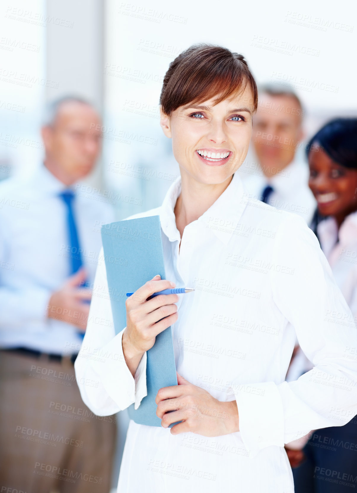 Buy stock photo Meeting, documents and portrait of business woman with team for collaboration, leadership and management. Corporate worker, company and face of manager for professional career, job and work in office