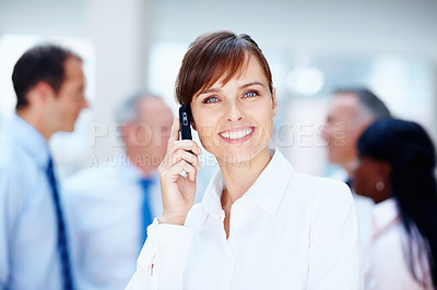 Buy stock photo Business woman, phone call and portrait in office of lawyer with confidence and smile. Happy, working and company employee with attorney networking and law firm legal  discussion with corporate staff