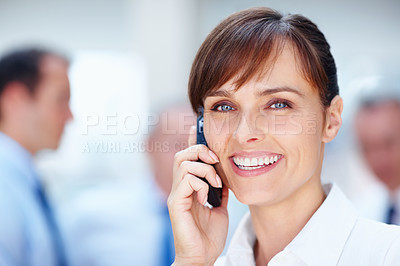 Buy stock photo Business woman, phone call and happy portrait in office of a lawyer with confidence and smile. Working and company employee with attorney networking and law firm with discussion of corporate staff