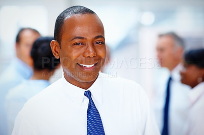 Buy stock photo Office, meeting and portrait of business man with team for collaboration, leadership and management. Corporate worker, company and face of happy manager for professional career, job and opportunity