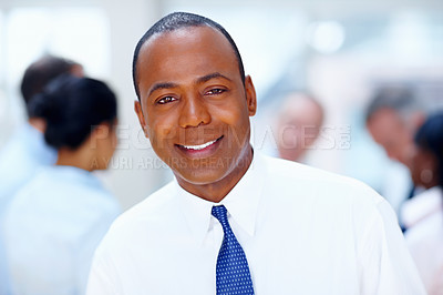 Buy stock photo Happy, meeting and portrait of business black man with team for collaboration, leadership and management. Corporate worker, company and face of boss for professional career, job and work in office