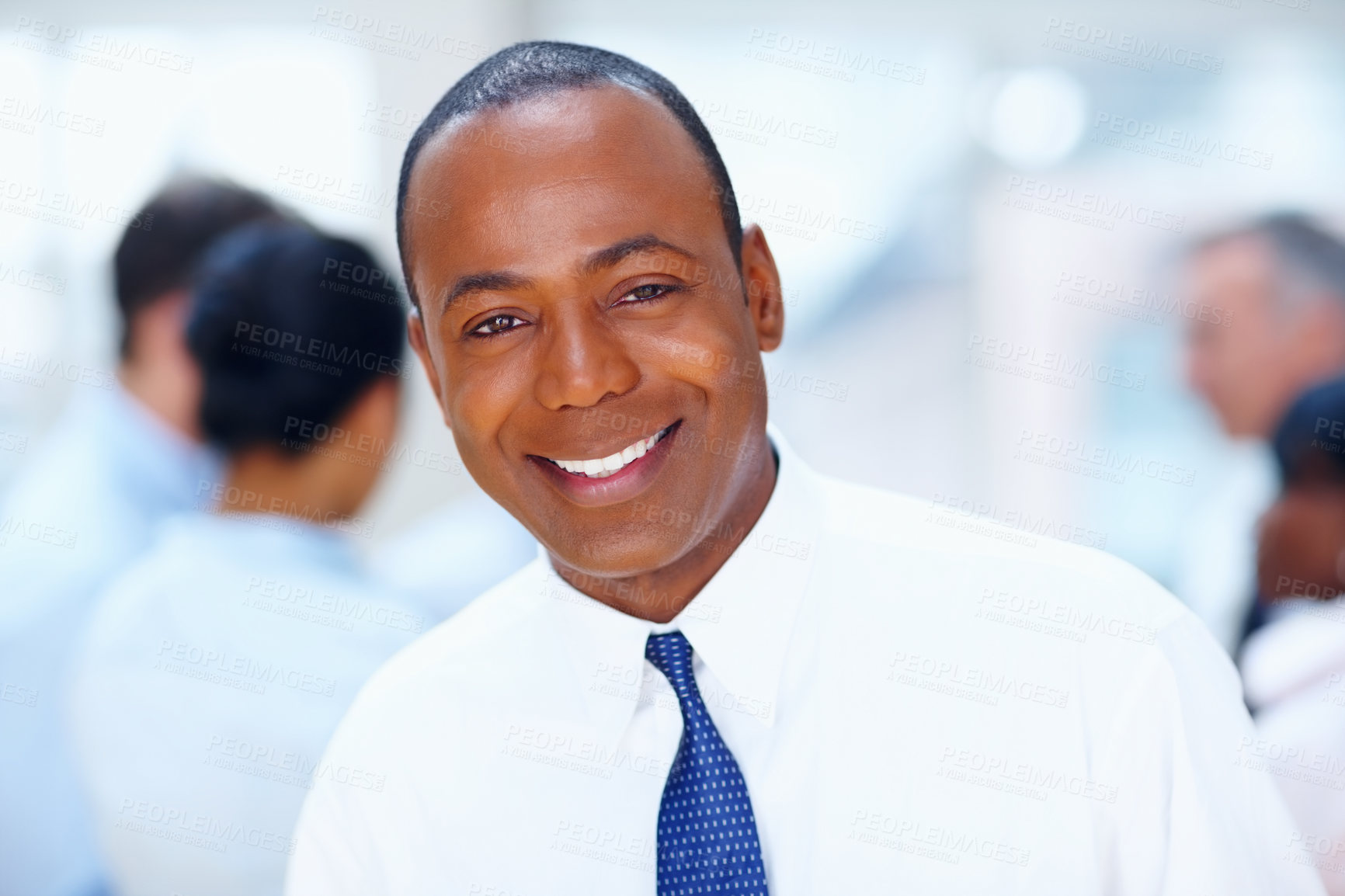 Buy stock photo Team, meeting and portrait of business black man for collaboration, leadership and management. Corporate, company and face of happy manager for professional career, job and opportunity in office