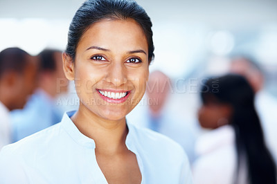 Buy stock photo Business woman, professional and worker portrait in a office of a lawyer with confidence and smile. Happy, working and company employee from India ready for attorney and law firm with legal staff
