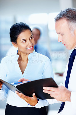 Buy stock photo Business people, boss and folder for teamwork, planning or advice in human resources and office meeting. Professional woman, clients or mature manager with documents, report and employee management