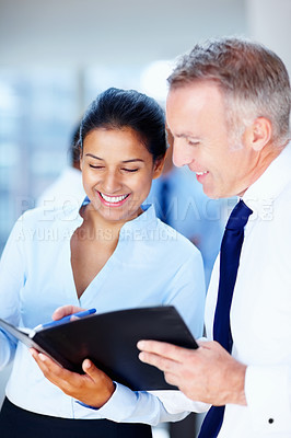 Buy stock photo Professional people, manager and folder for teamwork, planning or advice in human resources and office meeting. Business woman, mentor or mature manager with documents, report or schedule management