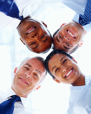 Buy stock photo Portrait, businesspeople and together with low angle in office for diversity, unity and support. Corporate, man and woman by smile on face for global, inclusion or community for future partnership