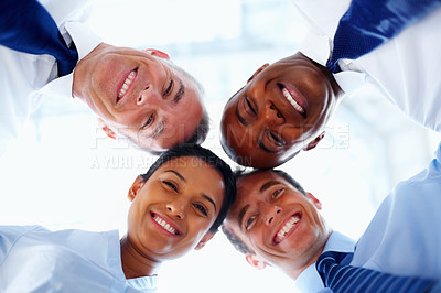 Buy stock photo Portrait, businesspeople and together with low angle in office for diversity, unity and support. Professional, man and woman by smile on face for global, community and success of future partnership