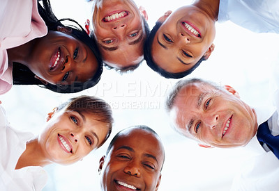 Buy stock photo Portrait, huddle or business people with support, cooperation and professionals with partnership, team building and solidarity. Diversity, face or group circle with low angle and company development