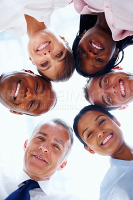 Buy stock photo Portrait, huddle or business people with smile, support and professionals with partnership, team building and solidarity. Happy, face or group circle with success, cooperation and company development
