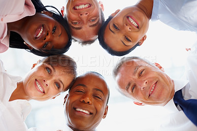 Buy stock photo Portrait, huddle or business people with smile, group and professionals with partnership, team building and solidarity. Happy, face or staff circle with success, collaboration and company development