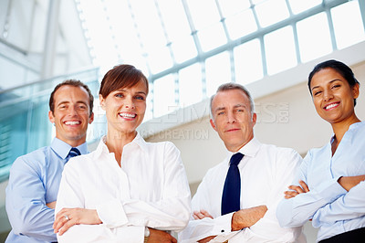 Buy stock photo Portrait, smile and business people with arms crossed, confident or support with coaching, corporate training or professional. Face, group or manager with employees, solidarity or low angle with joy