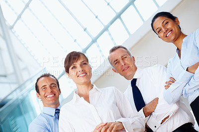 Buy stock photo Portrait, collaboration and business people with teamwork, cooperation and mentor with coaching, corporate training and professional. Face, group and manager with employees, smile and partnership