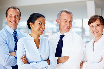 Buy stock photo Business people, professional and happy team in confidence at office for leadership or management. Group of executive employees or staff smile with arms crossed in teamwork or success at workplace