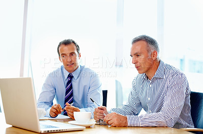 Buy stock photo Business men, planning and teamwork on a laptop for advice, support and strategy in a financial meeting. Professional manager, mature boss or people talking of revenue, sales or profit on a computer