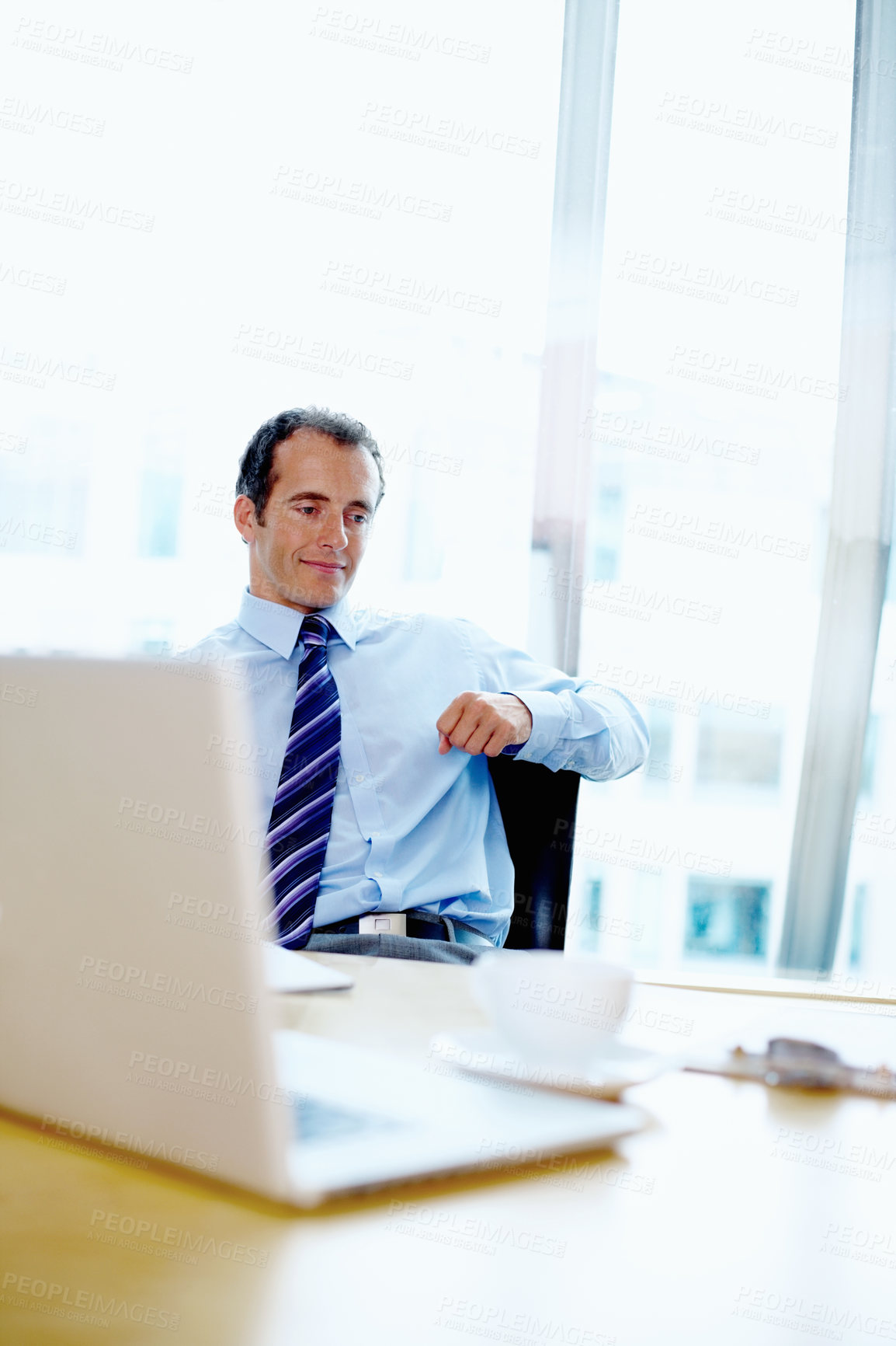 Buy stock photo Businessman, thinking and face in office with idea for future, financial planning or growth. Corporate person, vision and technology for online, research or analysis of stocks, wealth or investment