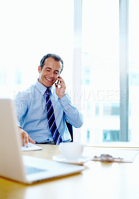 Buy stock photo Happy businessman, phone call and discussion at office for communication, proposal or networking. Man or employee smile talking on mobile smartphone for business or online conversation at workplace