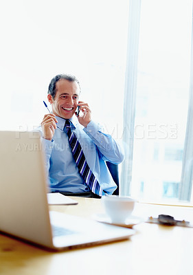 Buy stock photo Businessman, happy and phone call for discussion in modern office for consultation, communication or planning. Corporate, male manager or smile with technology for online, conversation or connection