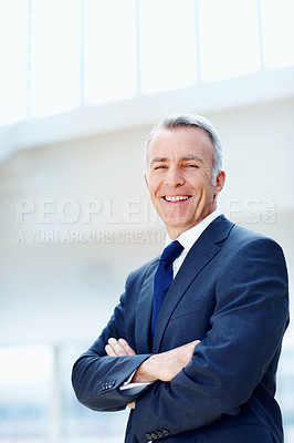 Buy stock photo Office, pride and mature man in portrait for corporate firm, professional and ready for justice with smile. Workplace, male lawyer and confidence for executive tasks, business and career for attorney