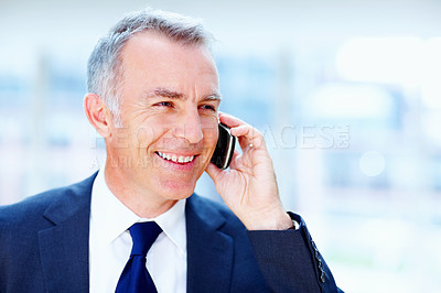 Buy stock photo CEO, thinking and mature man with phone call for talking, networking and discussion of case with contact. Workplace, male lawyer and calling with mobile for communication, legal advice and justice