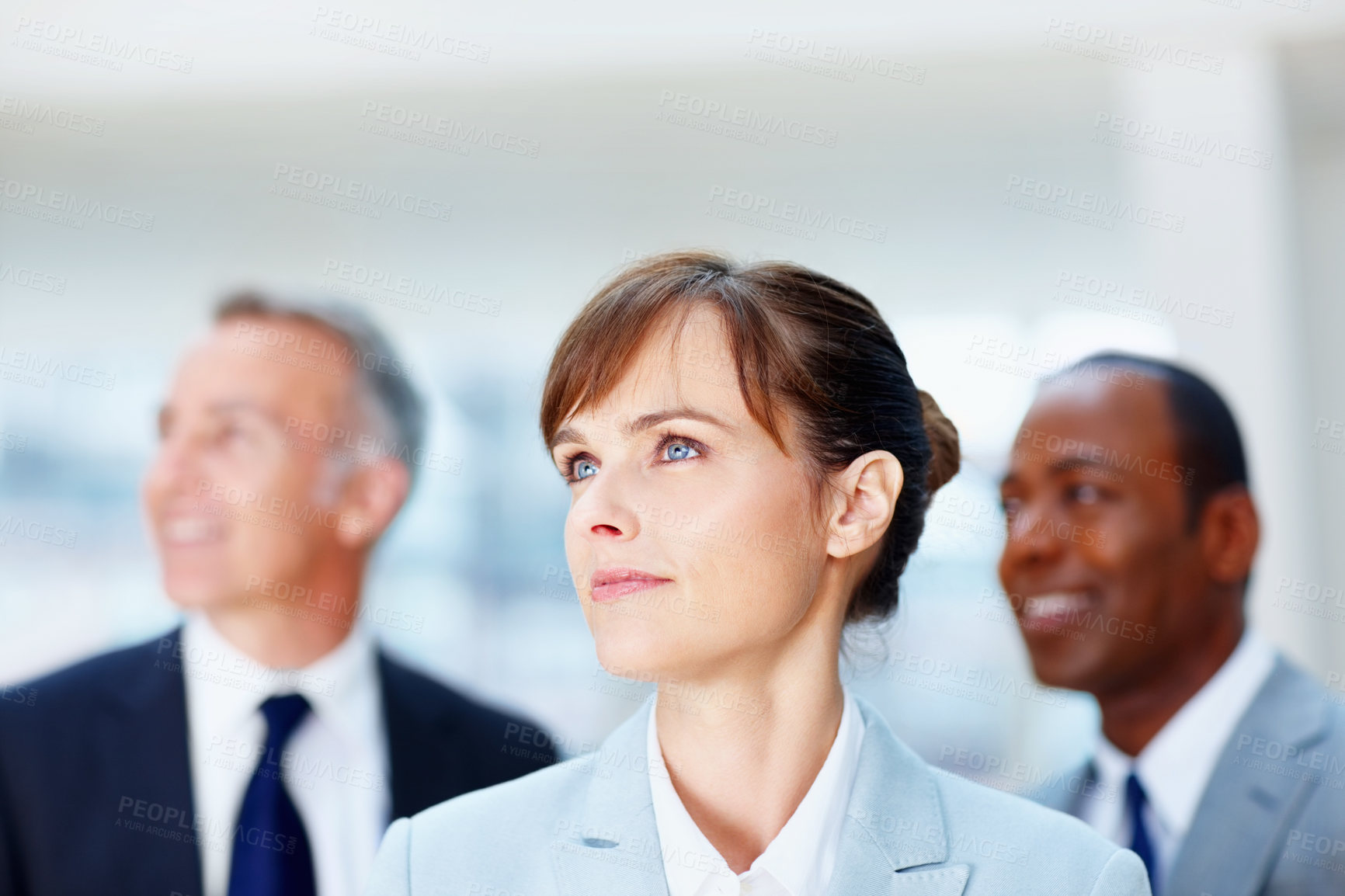 Buy stock photo Thinking, business and woman with team, ideas and synergy for project, cooperation and diversity. Planning, group and employees with decision, choice and brainstorming in modern office and support