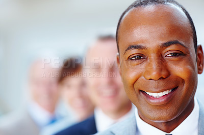 Buy stock photo Black man, face and leader for team, ceo and boss or director for business in office. Colleagues, portrait and smile for management and male person for pride, about us and corporate entrepreneur