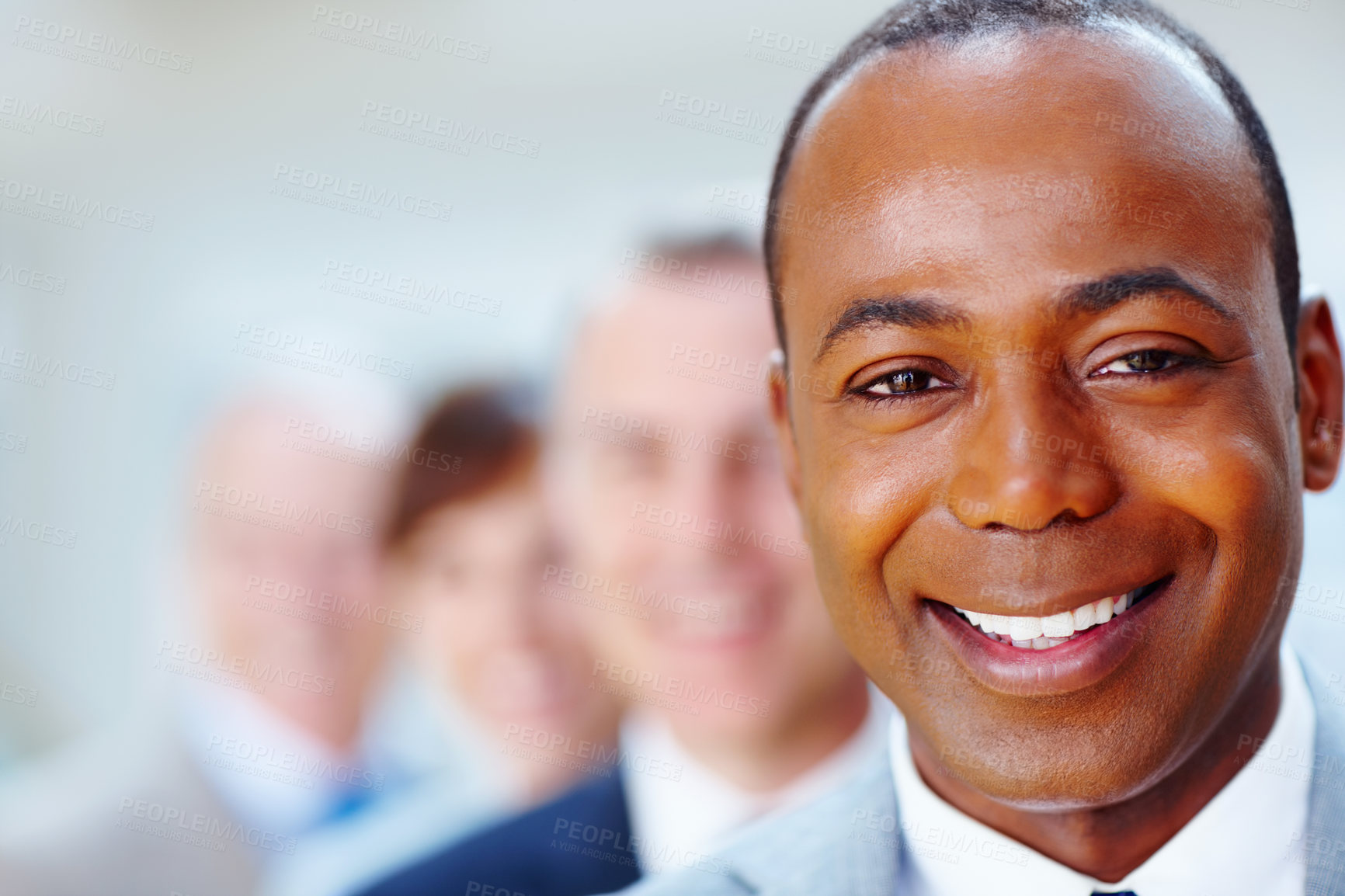 Buy stock photo Black man, face and leader for team, ceo and boss or director for business in office. Colleagues, portrait and smile for management and male person for pride, about us and corporate entrepreneur