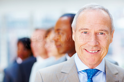 Buy stock photo Portrait, mature and business man in office with smile for confidence, career pride or management. CEO, professional and person with leadership for financial consultant, corporate or company growth