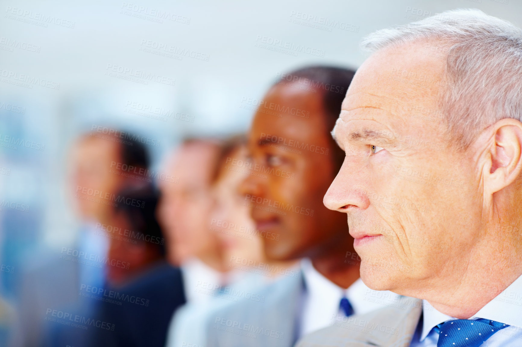 Buy stock photo Mature, businessman and team in line in office with leadership, thinking and director of corporate company. Professional, CEO or collaboration with employees for management, executive or mockup space