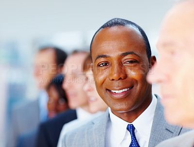 Buy stock photo Smile, portrait and black man in office with team for leadership in corporate finance career. Happy, confident and African male financial analyst with business people for management in workplace.