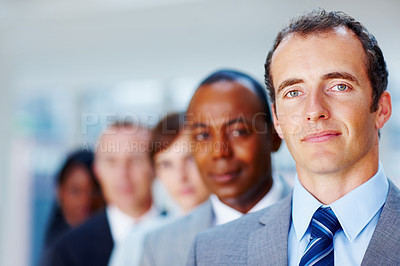 Buy stock photo Business man, portrait and leadership in office with diversity for career, work and company project. Executive, mature and professional in workplace for team, corporate or confidence with experience
