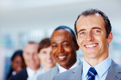 Buy stock photo Business man, happy and leadership in office with diversity for career, work and company project. Executive, mature and portrait in workplace for team, corporate and confidence with experience