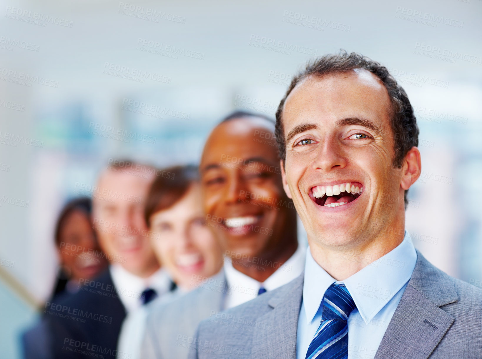 Buy stock photo Executive, team and leader in office with smile for career, work and company or corporate job. Business man, mature and professional in workplace for collaboration, expert or growth with experience
